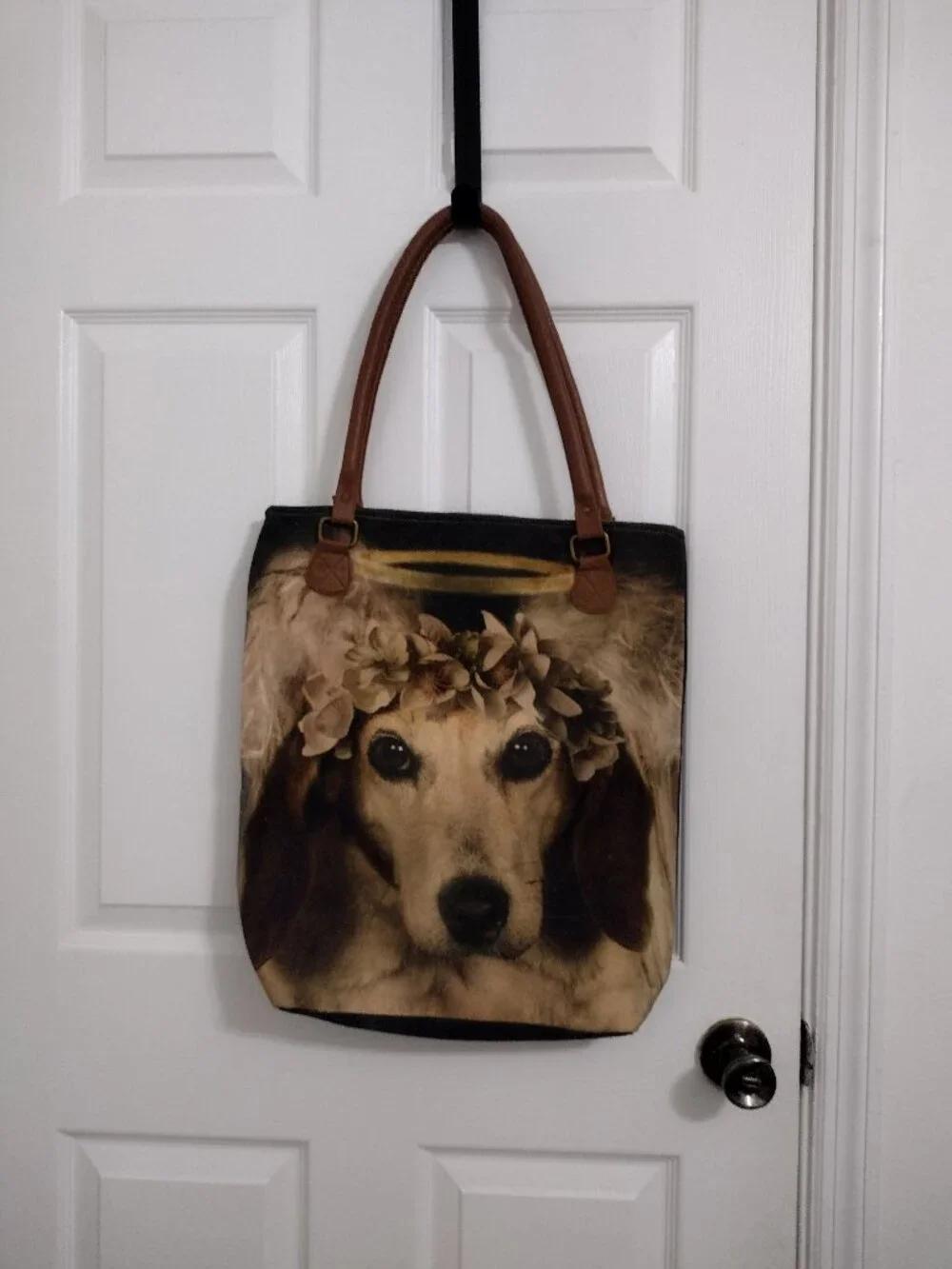 Regina Andrew Detroit Canvas Large Tote Bag Dog Angel Graphic Brown Straps - Picture 2 of 8